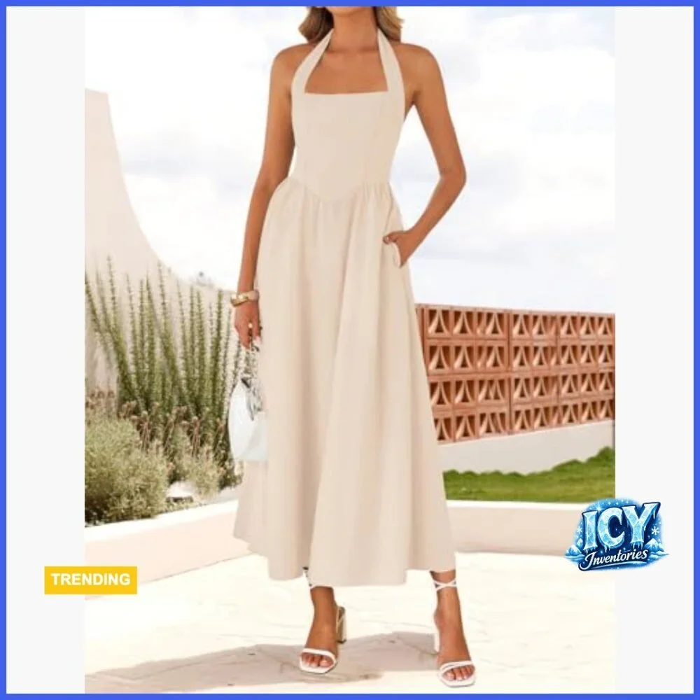 Sleeveless Halter Midi Dress Off Shoulder High Waist Flowy Beach Wedding Guest